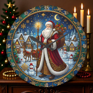 Santa Claus Stained Glass Holiday Scene Large Clock