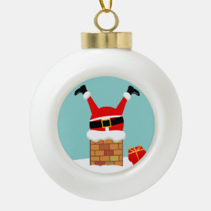 Santa Claus stuck in the chimney on the roof Ceramic Ball Christmas Ornament