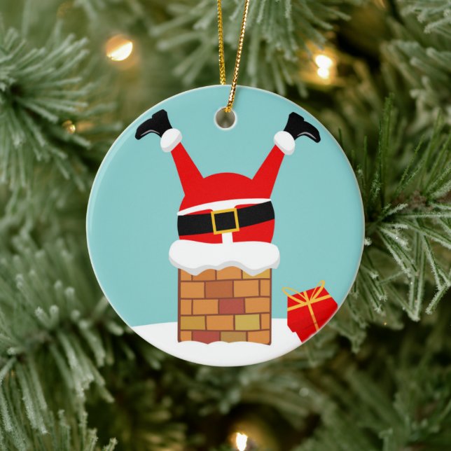 Santa Claus stuck in the chimney on the roof Ceramic Ornament (Tree)