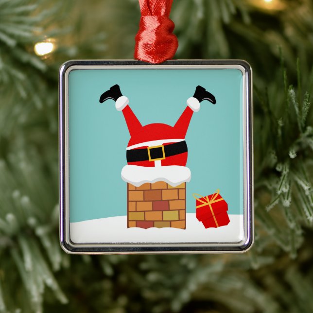 Santa Claus stuck in the chimney on the roof Metal Ornament (Tree)