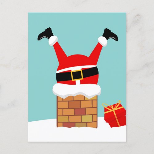 Santa Claus stuck in the chimney on the roof Postcard