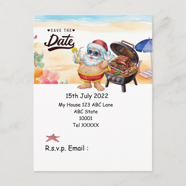 SANTA CLAUS Summer Beach Save the date Holiday Postcard (Front)