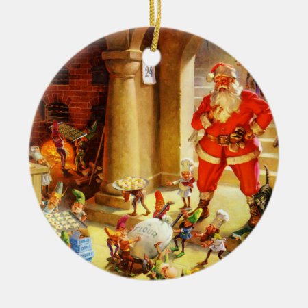 Santa Claus Supervises His Elves Baking Cookies Ceramic Ornament