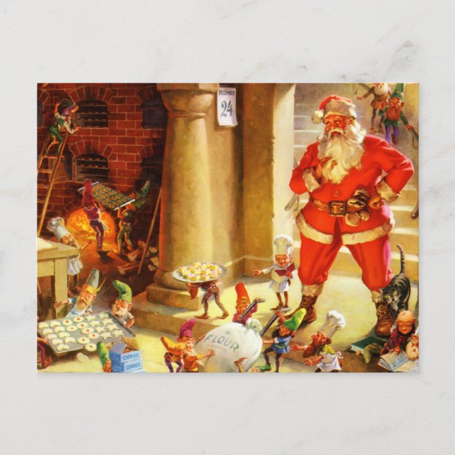 Santa Claus Supervises His Elves Baking Cookies Holiday Postcard (Front)