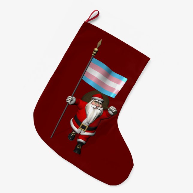 Santa Claus Supports Transgender Flag Large Christmas Stocking (Front (Hanging))