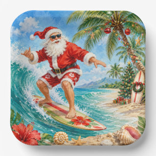 Santa Claus Surfing Beach view Christmas Party Paper Plates