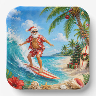 Santa Claus Surfing Beach view Christmas Party Paper Plates