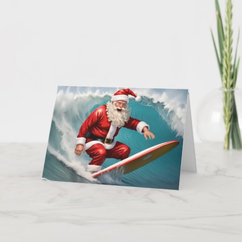 Santa Claus Surfing On a Board Holiday Card