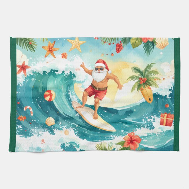  Santa Claus surfing on Christmas Holiday  Kitchen Towel (Horizontal)