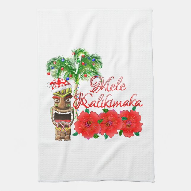 Santa Claus Tiki Mele Kalikimaka Kitchen Towel (Vertical)