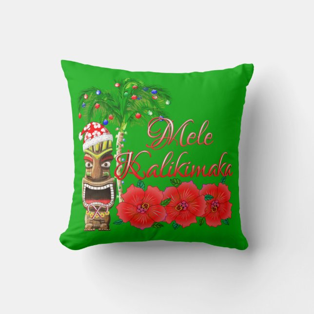 Santa Claus Tiki Mele Kalikimaka Throw Pillow (Front)