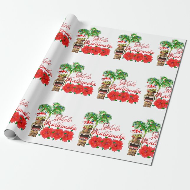 Santa Claus Tiki Mele Kalikimaka Wrapping Paper (Unrolled)
