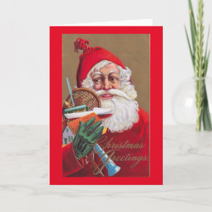 Santa Claus, Toys and Tennis, Christmas Vintage Holiday Card