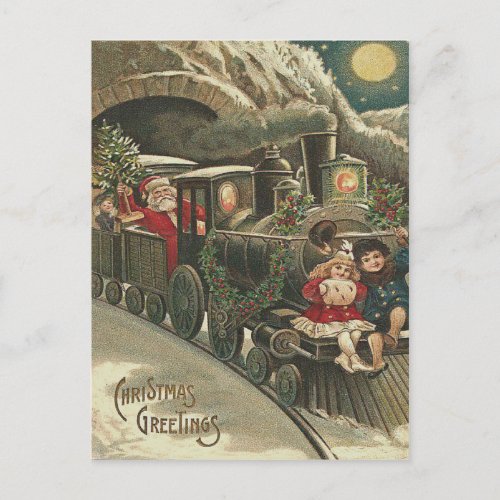 Santa Claus Train Holly Garland Children Holiday Postcard
