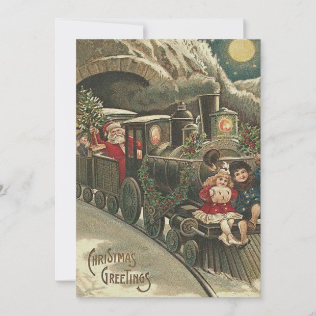 Santa Claus Train Holly Garland Children Invitation (Front)