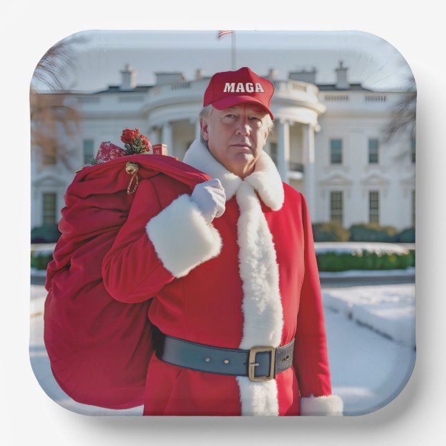 Santa Claus Trump With MAGA Hat Paper Plates (Front)