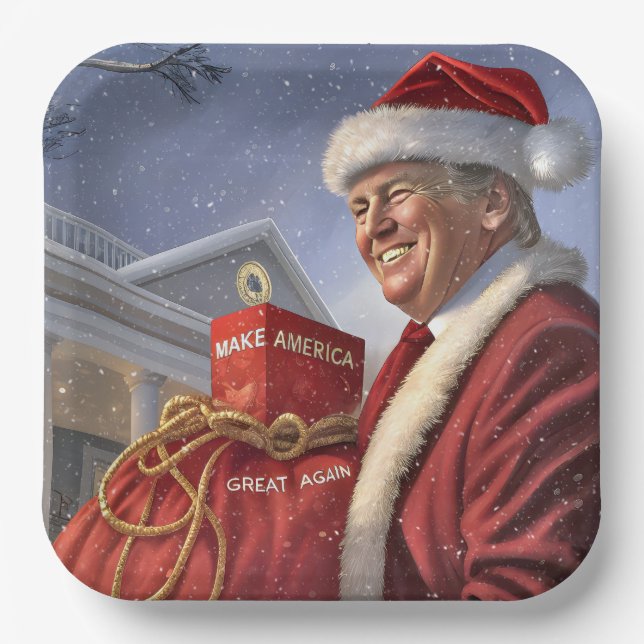 Santa Claus Trump With MAGA Red Sack Paper Plates (Front)