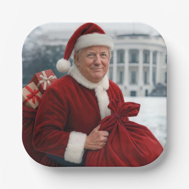 Santa Claus Trump With Red Gift Bag Paper Plates (Front)