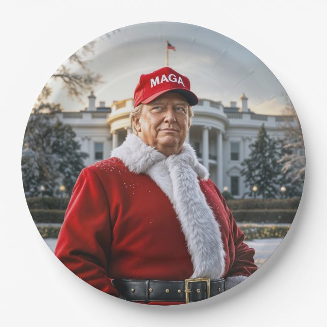 Santa Claus Trump With Red MAGA Hat Paper Plates (Front)
