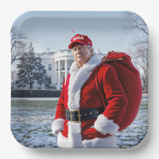 Santa Claus Trump With Red Sack Paper Plates (Front)
