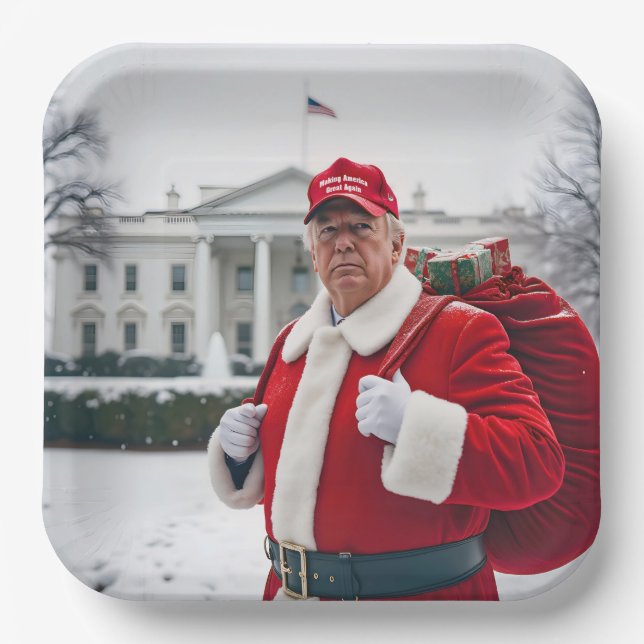 Santa Claus Trump With Red Sack Paper Plates (Front)