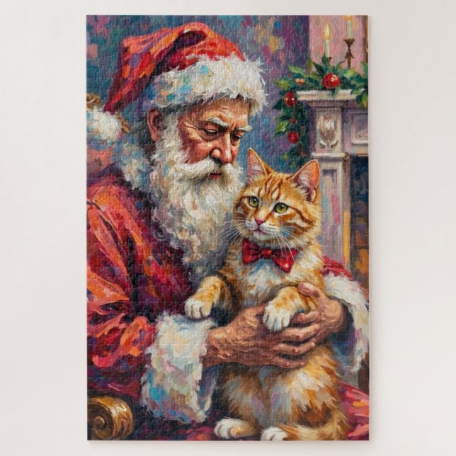 Santa Claus Turkish Angora Cat Christmas Art Jigsaw Puzzle (Vertical)