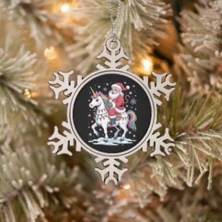 Santa Claus Unicorn Christmas Rainbow Lights Xmas Snowflake Pewter Christmas Ornament