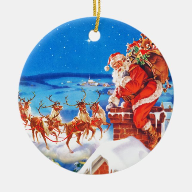 Santa Claus Up On The Rooftop In The Snow Ceramic Ornament (Front)