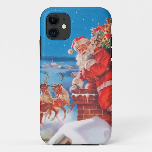 Santa Claus Up On The Rooftop With His Reindeer Case-Mate iPhone Case (Back)