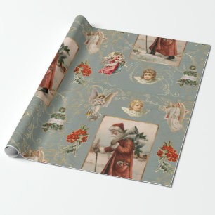 Santa Claus Vintage Angel Christmas Sage Script Wrapping Paper