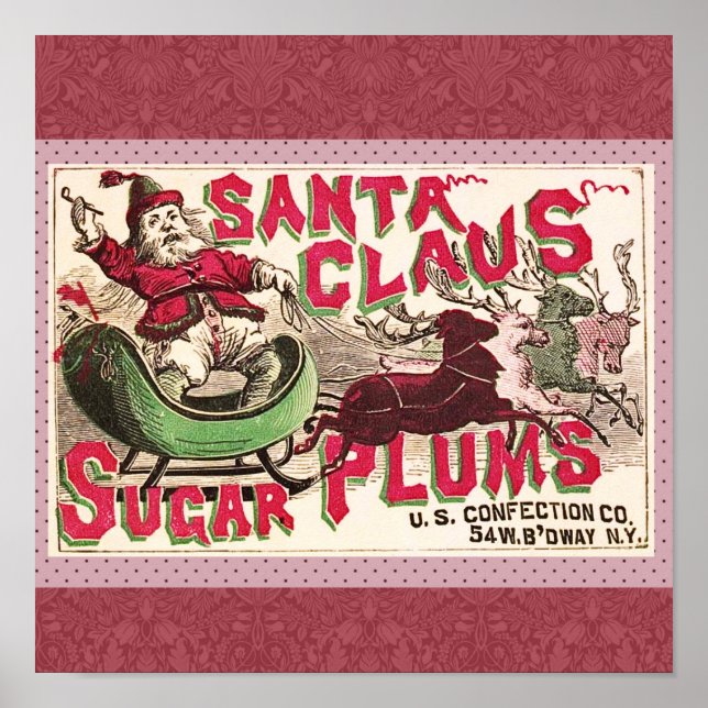 Santa Claus Vintage Illustration Sleigh Poster (Front)