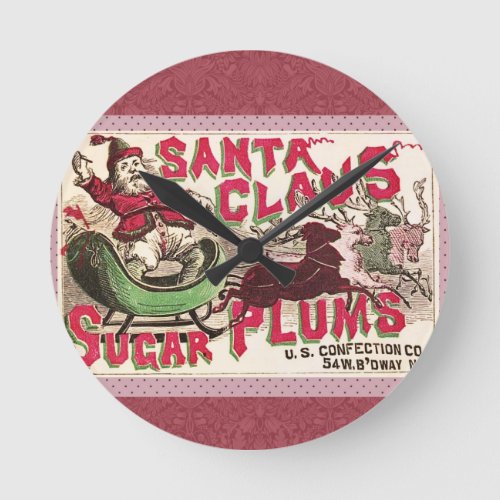 Santa Claus Vintage Illustration Sleigh Round Clock