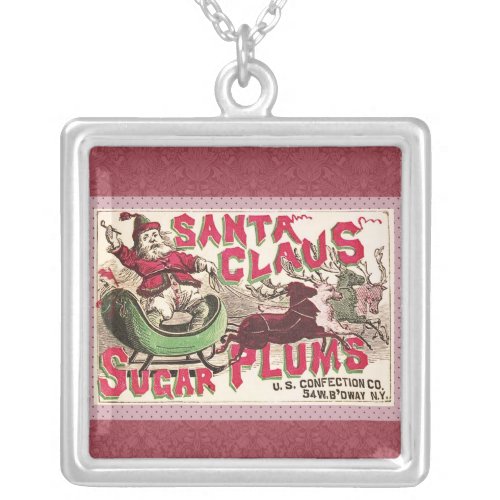 Santa Claus Vintage Illustration Sleigh Silver Plated Necklace