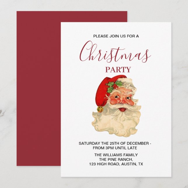 Santa Claus Vintage Retro Red Christmas Party  Invitation (Front/Back)