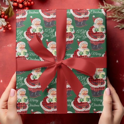 Santa Claus Vintage Style Green Retro Christmas Wrapping Paper