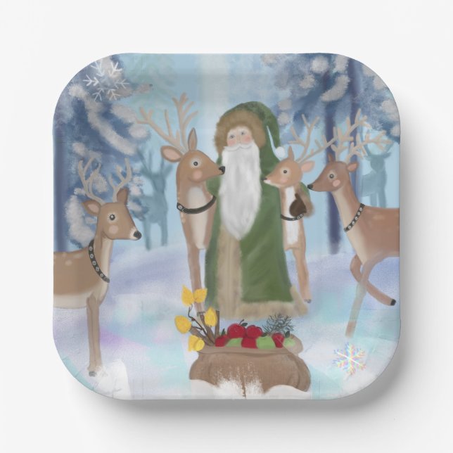 Santa Claus Visiting His Reindeer Paper Plates (Front)