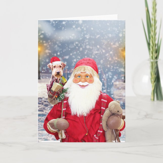 Santa Claus w Christmas Gifts Airedale Dog Holiday Card (Front)