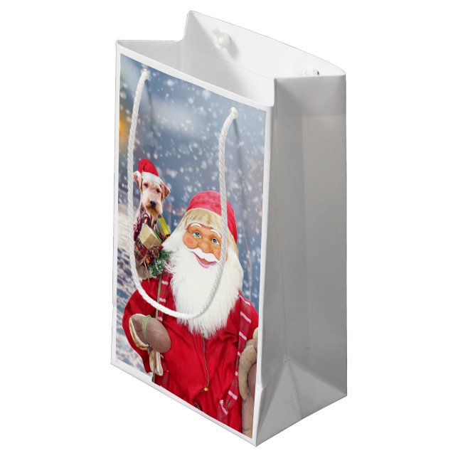 Santa Claus w Christmas Gifts Airedale Dog Small Gift Bag (Front Angled)
