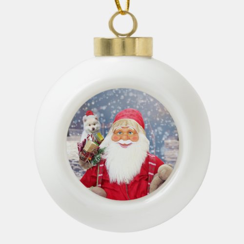 Santa Claus w Christmas Gifts American Eskimo Dog Ceramic Ball Christmas Ornament