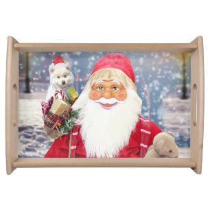 Santa Claus w Christmas Gifts American Eskimo Dog Serving Tray