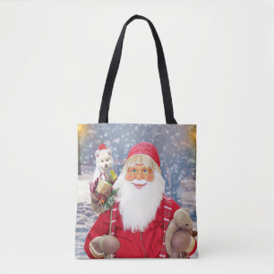 Santa Claus w Christmas Gifts American Eskimo Dog Tote Bag