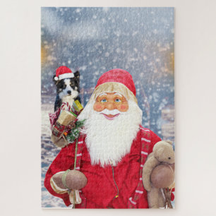 Santa Claus w Christmas Gifts Border Collie Dog Jigsaw Puzzle