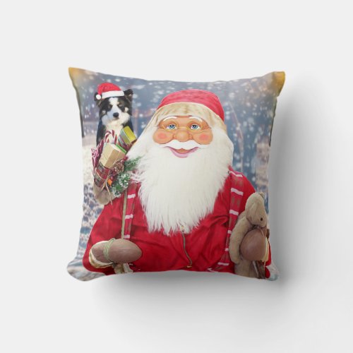 Santa Claus w Christmas Gifts Border Collie Dog Throw Pillow