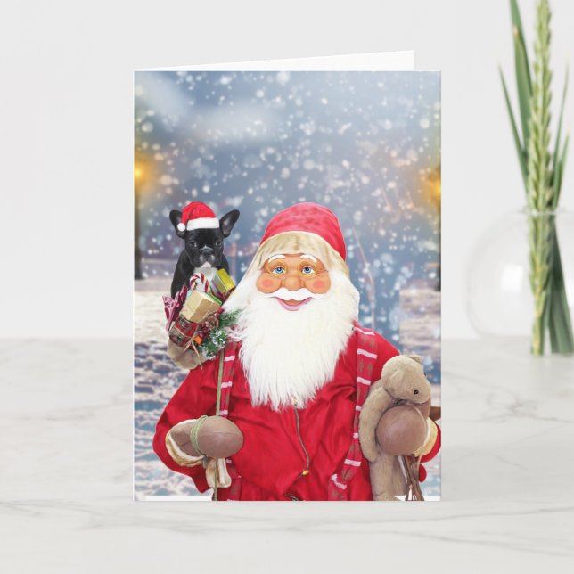 Santa Claus w Christmas Gifts French Bulldog Holiday Card (Front)
