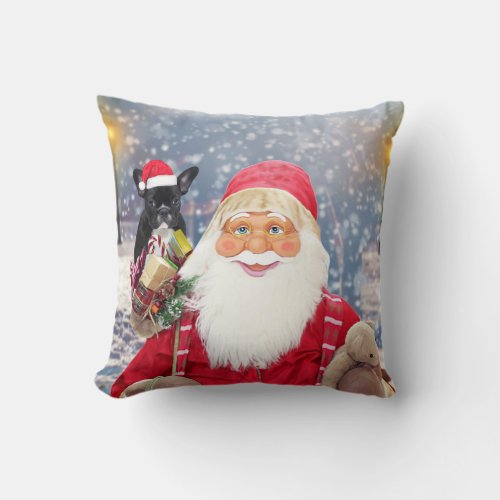 Santa Claus w Christmas Gifts French Bulldog Throw Pillow