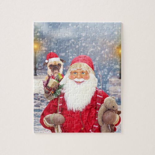 Santa Claus w Christmas Gifts Pug Dog Jigsaw Puzzle