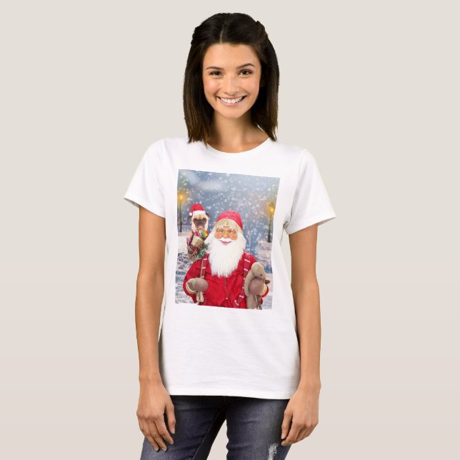 Santa Claus w Christmas Gifts Pug Dog T-Shirt (Front Full)