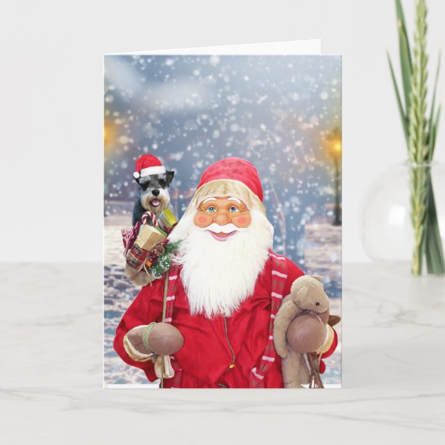 Santa Claus w Christmas Miniature Schnauzer Dog Holiday Card (Front)