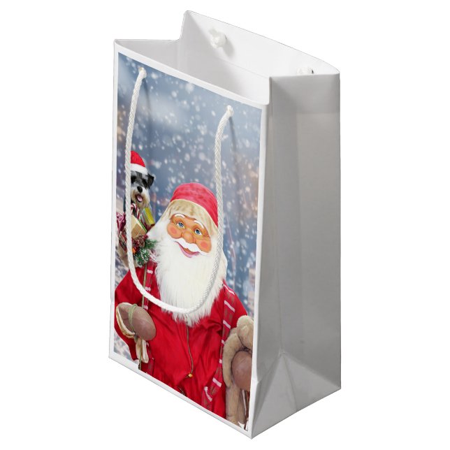 Santa Claus w Christmas Miniature Schnauzer Dog Small Gift Bag (Front Angled)