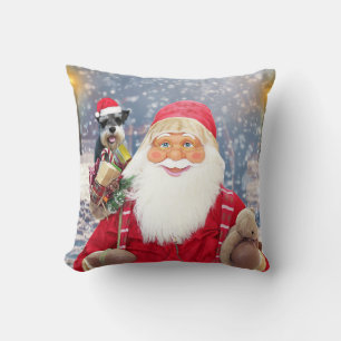 Santa Claus w Christmas Miniature Schnauzer Dog Throw Pillow